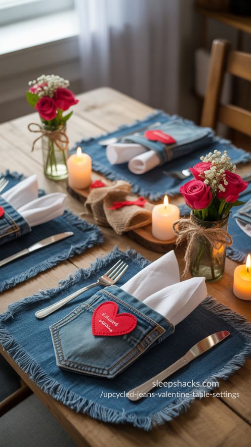 Upcycled Jeans Valentine Table Setting – Romantic Denim DIY Decor