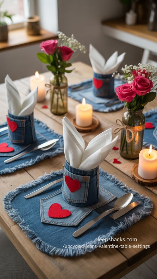 Upcycled Jeans Valentine Table Setting – Romantic Denim DIY Decor