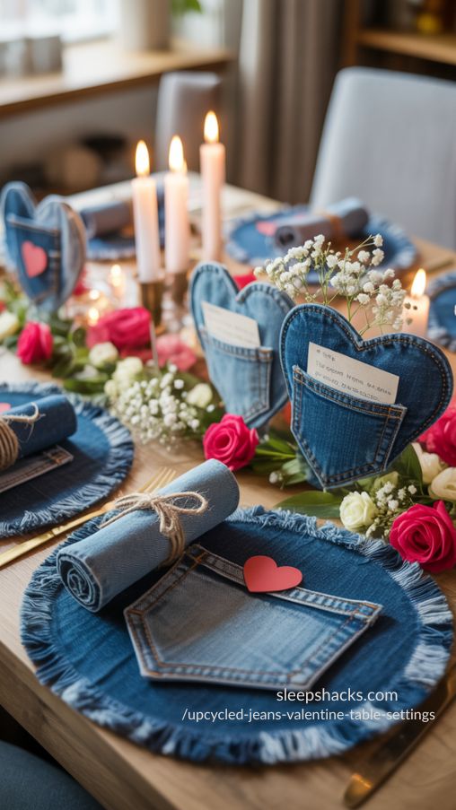 Upcycled Jeans Valentine Table Setting – Sustainable Romance in Denim