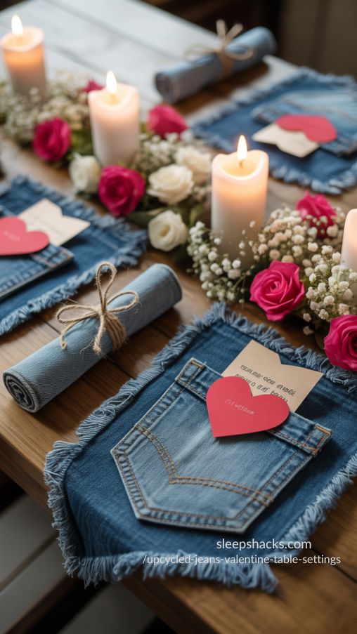 Upcycled Jeans Valentine Table Setting – Sustainable Romance in Denim
