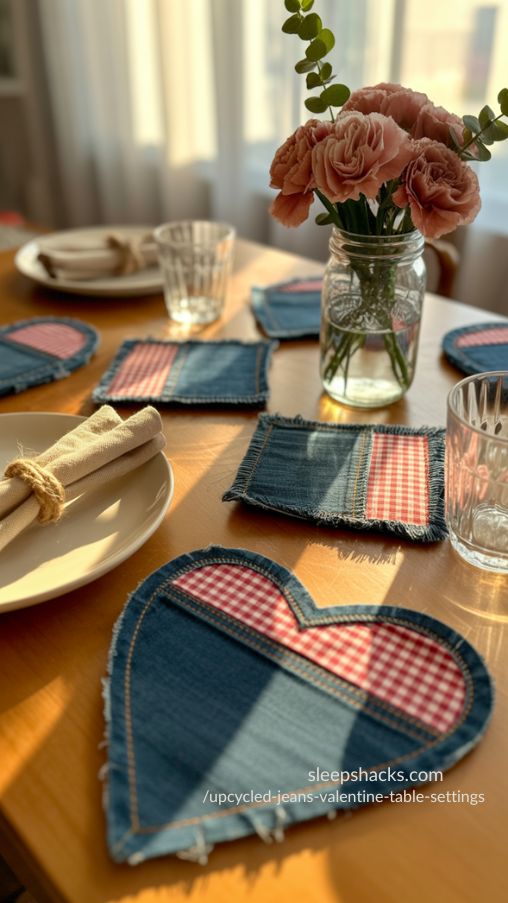 Upcycled Jeans Valentine Table Settings with Denim Patchwork Coasters