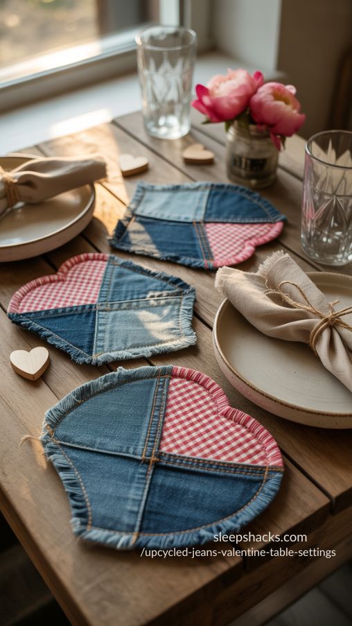 Upcycled Jeans Valentine Table Settings with Denim Patchwork Coasters