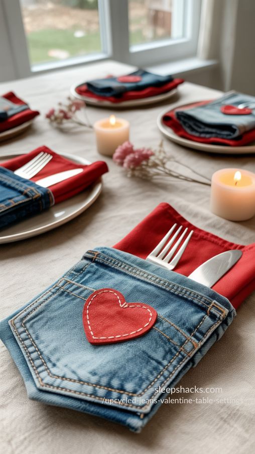 Upcycled Jeans Valentine Table Settings with Denim Pocket Cutlery Sleeves
