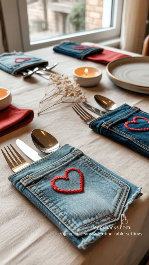 Upcycled Jeans Valentine Table Settings with Denim Pocket Cutlery Sleeves