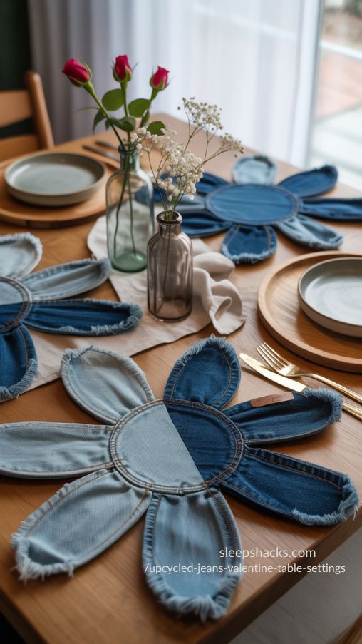 Upcycled Jeans Valentine Table Settings with Flower-Shaped Denim Placemats