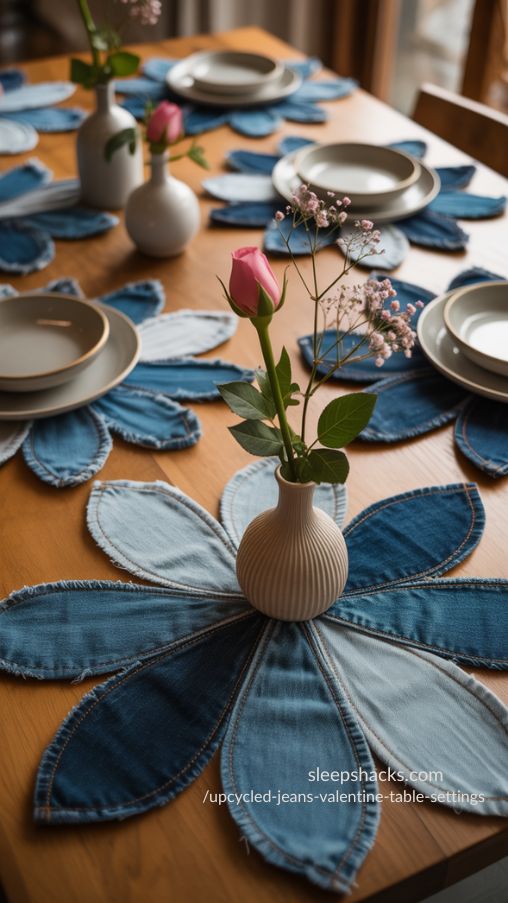 Upcycled Jeans Valentine Table Settings with Flower-Shaped Denim Placemats