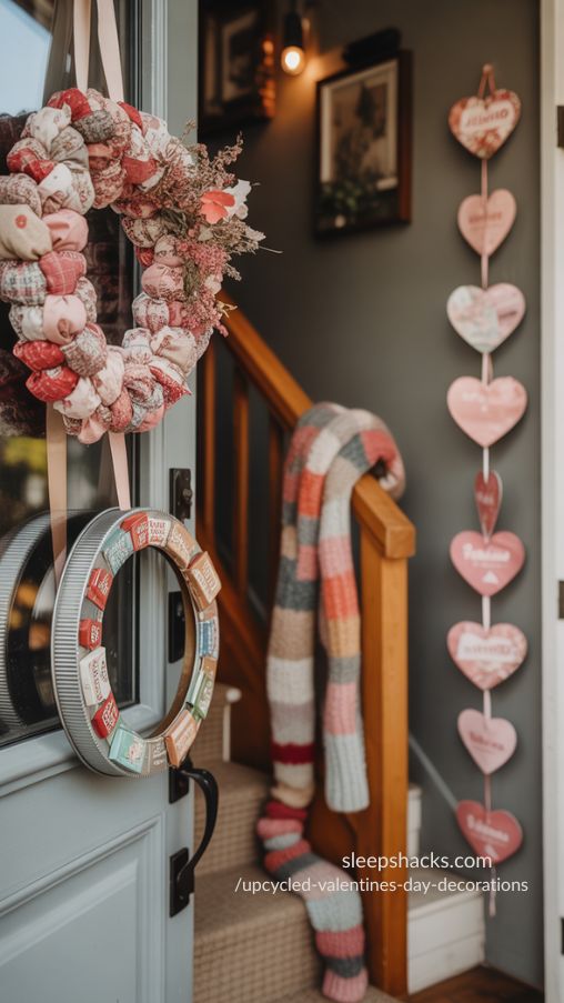 Upcycled Valentine Wreaths and Cozy Door Decor with Fabric and Vintage Accents