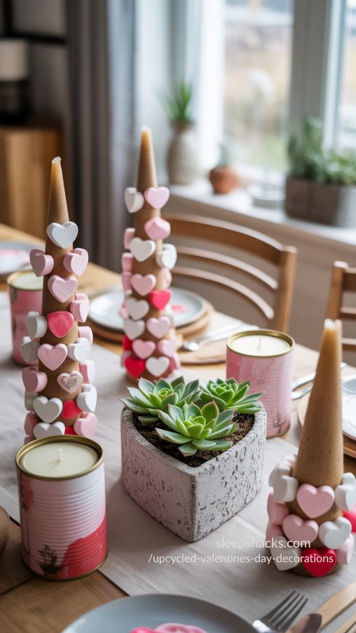 Upcycled Valentine’s Day Table Centerpieces with Marshmallow Pillars and Succulent Decor