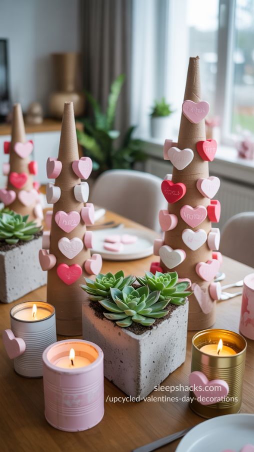 Upcycled Valentine’s Day Table Centerpieces with Marshmallow Pillars and Succulent Decor
