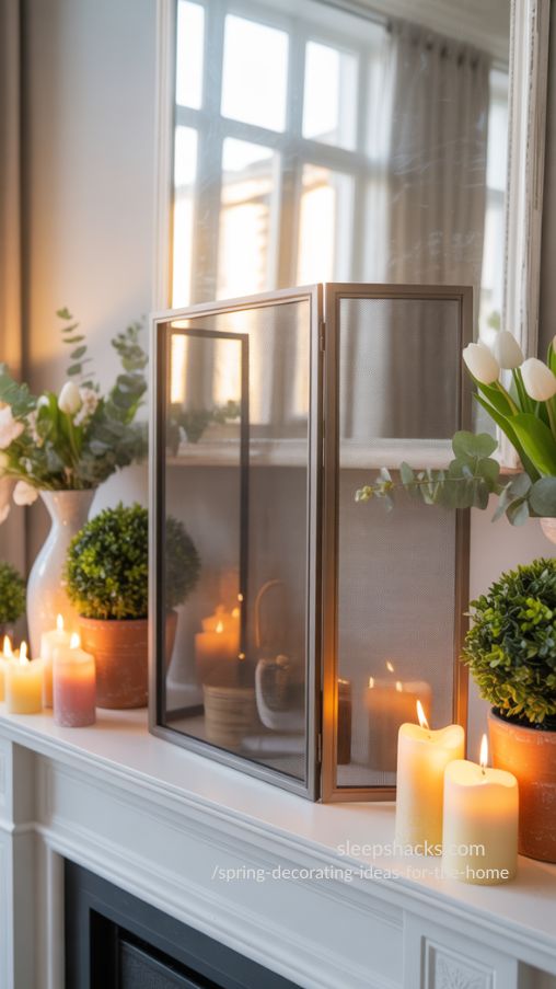 Update the Mantel with a Stylish Screen – Spring Decorating IdeasUpdate the Mantel with a Stylish Screen – Spring Decorating Ideas