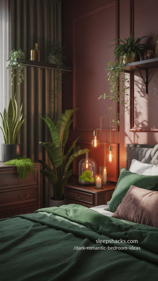 Using Plants and Natural Elements – Life and Balance in a Dark Romantic Bedroom