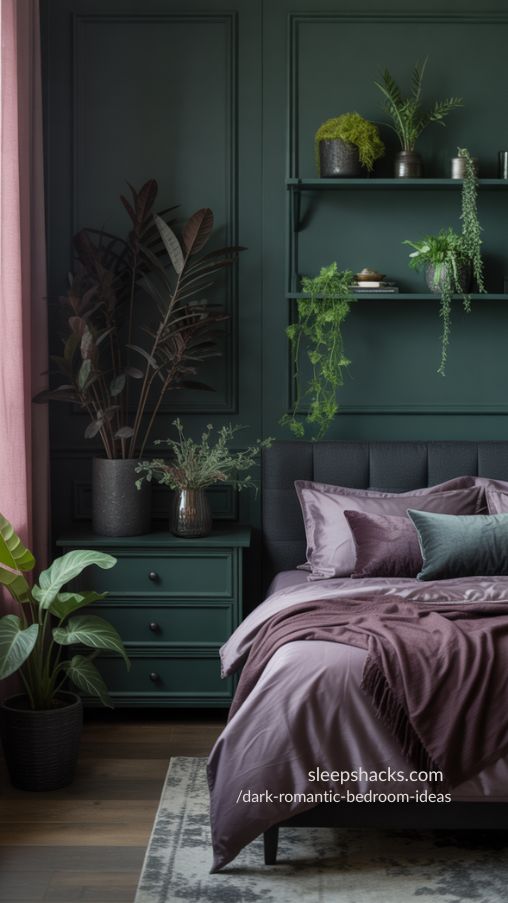 Using Plants and Natural Elements – Life and Balance in a Dark Romantic Bedroom