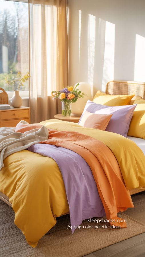 A bright cheerful bedroom styled with dawn in blooms vibrant spring energy Mustard yellow soft orange purple and light hazel featured on an accent wall and bedding Natural wood furniture and beige accessories balance the brightness A small coffee table holds a vase of fresh spring flowers Linen and cotton textures add warmth and comfort Sunlight streams through sheer curtains illuminating the room creating an optimistic lively atmosphere Photorealistic details warm natural lighting cozy stylish Pinterest perfect compositionKeywords Focus for Pinterest SEO
Dawn in blooms spring color palette
Bright cheerful bedroom decor
Vibrant spring interior styling