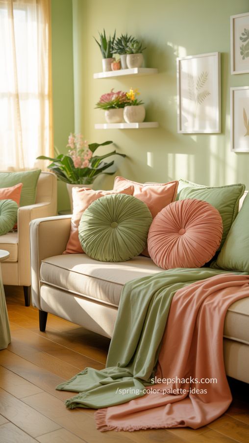 A playful cheerful craft room styled with in bloom fresh greens and pinks Soft green and vibrant pink cushions throws and wall decor layered on neutral furniture Light cream walls and wooden floors balance the bright colors Small beige and white accents ground the palette Floral textures and small potted plants add dimension and vibrancy Sunlight streams through windows creating a revitalizing natural playful spring atmosphere Photorealistic details warm natural lighting cozy stylish Pinterest perfect compositionKeywords Focus for Pinterest SEO
In bloom green and pink palette
Playful natural spring home decor ideas
Fresh vibrant pastel interior styling