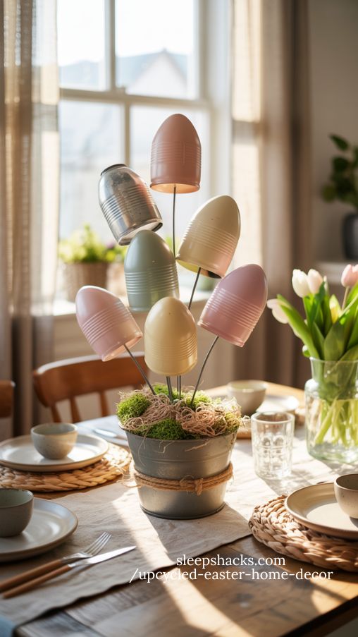 Aluminum Can Easter Egg Topiary Centerpiece with Soft Spring Styling