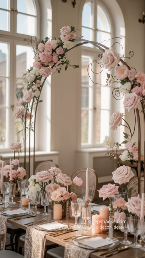 Art Nouveau Wedding Decor Ideas with Floral Arch and Vintage Metallic Accents