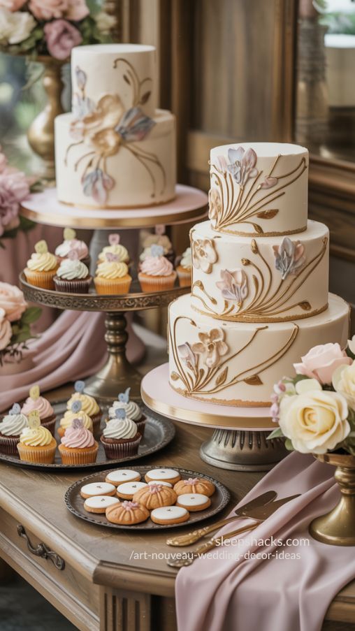 Art Nouveau Wedding Dessert Table with Floral Cakes and Gilded Accents