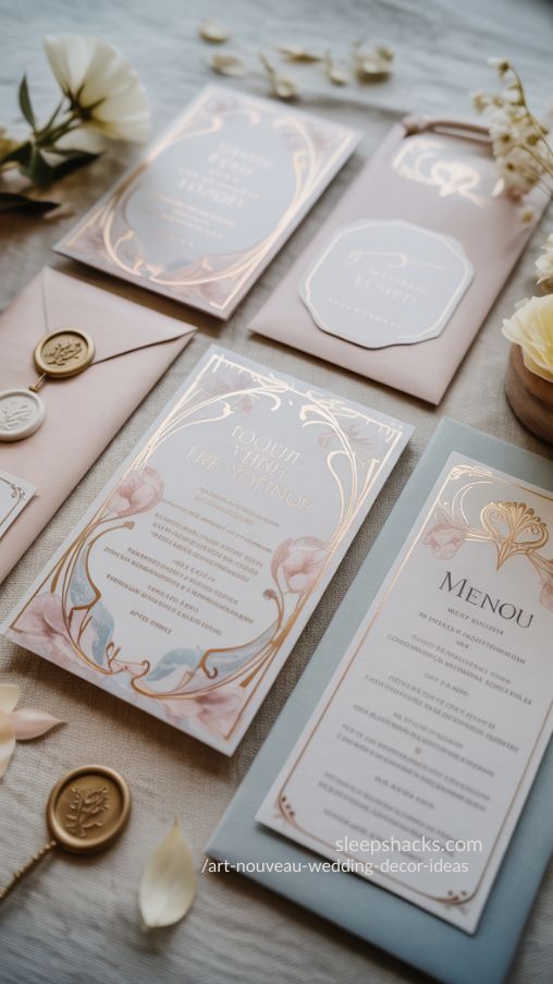 Art Nouveau Wedding Invitations and Stationery with Pastel and Gold Accents