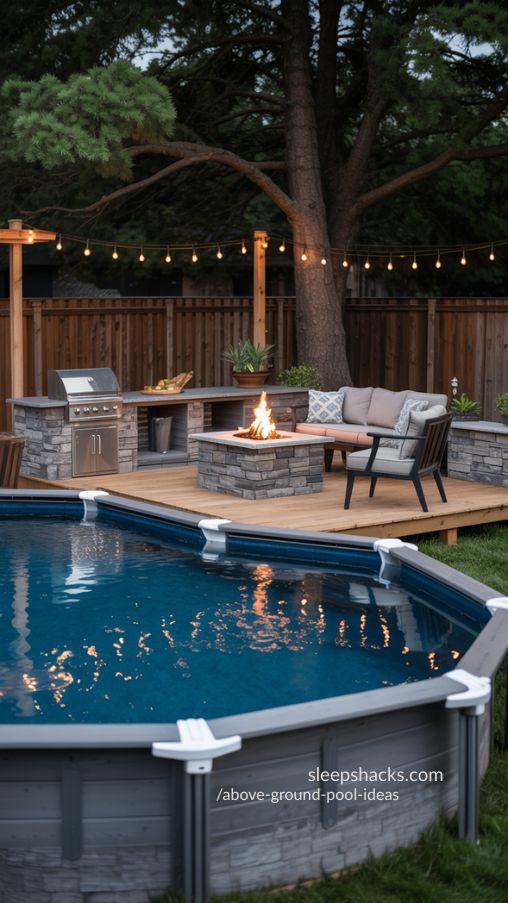 Photograph an above-ground pool with gravel and brick walkways surrounding it, creating structured paths that keep grass and mud away from the water. Combine gravel with pavers for visual interest, and layer low plants, shrubs, or mulch along edges to soften the look. Include subtle flower beds or decorative stones to enhance the curated backyard feel. Capture photorealistic textures of brick, gravel, greenery, and water reflections, with sunlight casting soft shadows along the paths. Emphasize how walkways guide movement, improve drainage, and transform the pool area into a functional, inviting, and visually appealing backyard space perfect for Pinterest. Keywords/Focus: gravel pool paths, brick walkways backyard, structured pool landscaping
