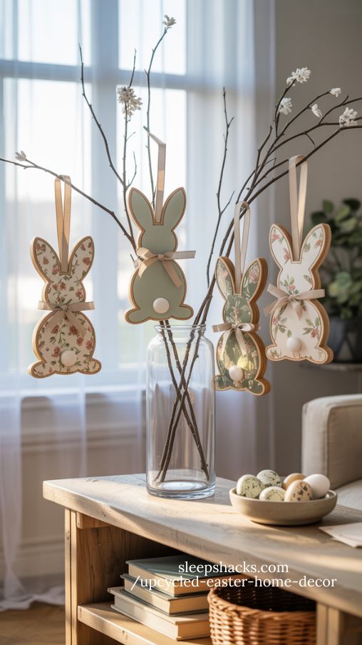 Baked Mod Podge Bunny Decorations Hanging on Spring Branches