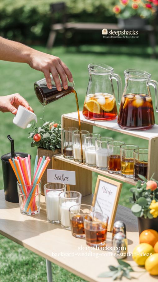 Summer Backyard Wedding Iced Coffee Bar with Glass Pitchers, Fruit Garnishes, and Colorful Straws
