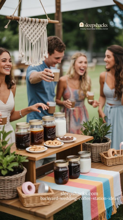 Boho Backyard Wedding Coffee Station with Mason Jars, Macramé, and Interactive Self-Serve Treats