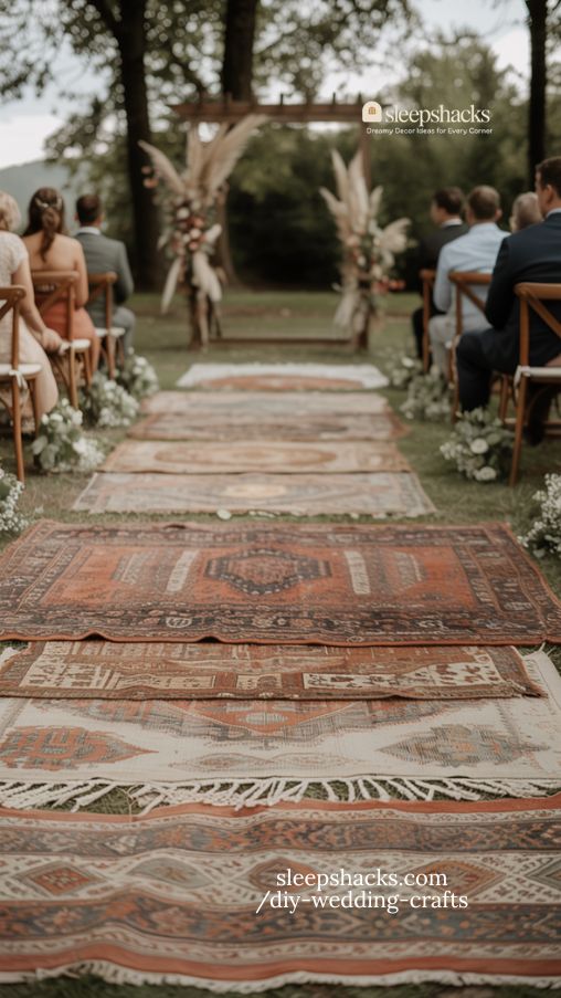 Boho Layered Rug Wedding Aisle with Warm Earthy Tones