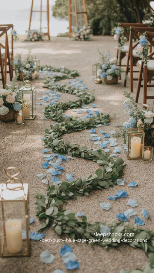 Boho Sage Green and Dusty Blue Wedding Aisle Decor