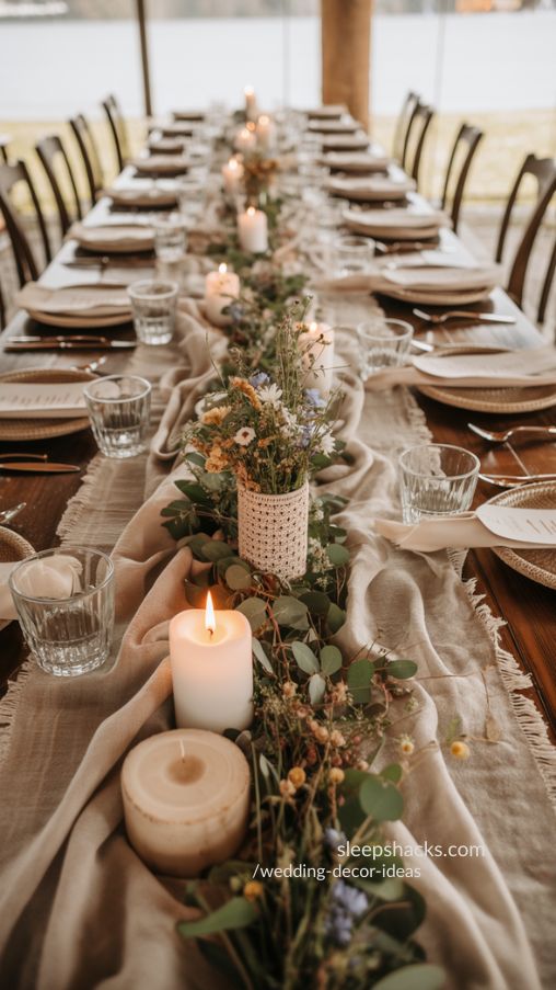 Boho wedding table with layered textured fabrics, wildflowers, greenery, and candles creating a cozy and organic tablescape