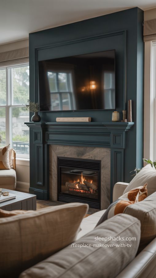 Bold Accent Wall Fireplace Makeover With TV – Deep Navy & Stone Design
