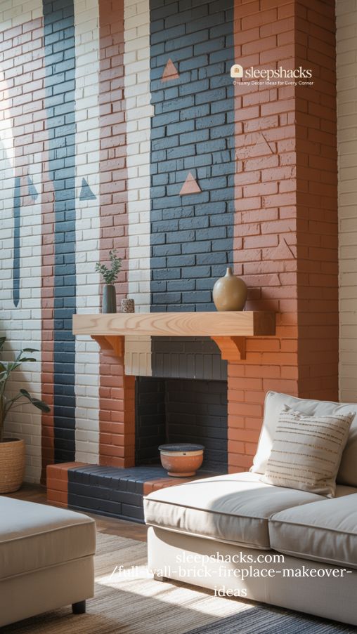 Bold Patterned Painted Brick Fireplace for a Modern Living Room