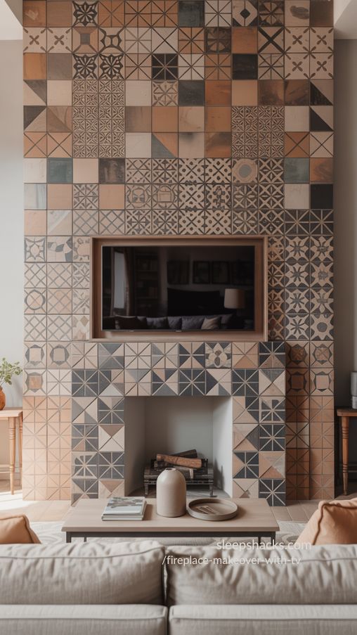 Bold Patterned Tile Fireplace Makeover With TV – Modern Moroccan-Inspired Design