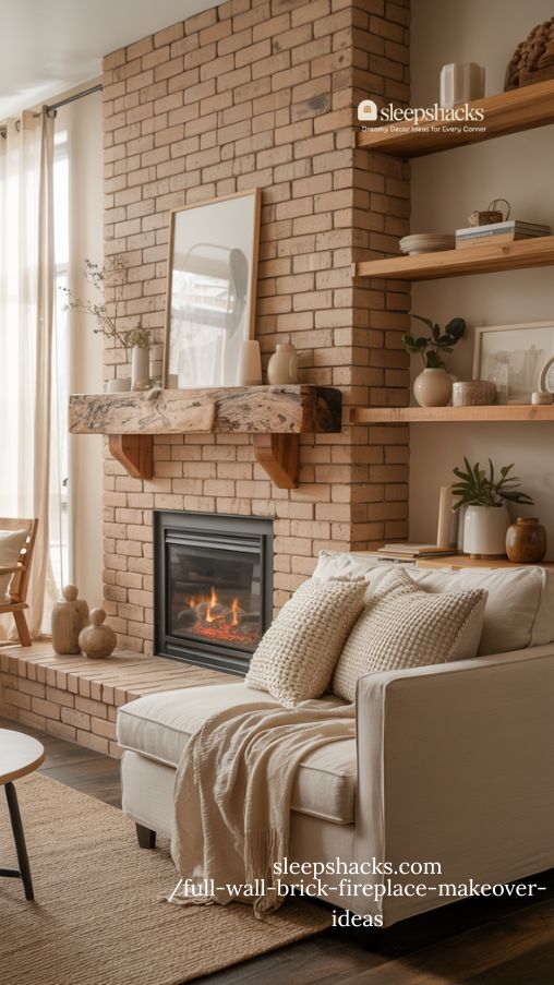 Brick and Wood Fireplace Makeover for a Cozy Living Room