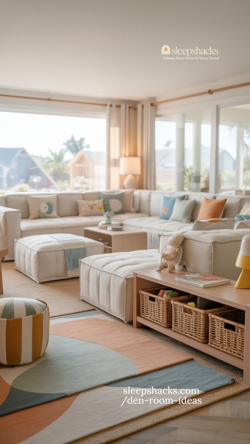 Bright Family-Friendly Den with Modular Seating and Smart Storage