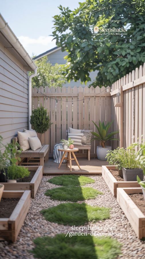 Create a large vertical 2:3 ratio photorealistic Pinterest image of a small backyard after a budget-friendly makeover. The scene should feel fresh, tidy, and inviting without appearing expensive. Show a newly painted wooden fence in a soft neutral tone, crisp garden bed edges, and neatly trimmed plants. Include a small seating area with simple outdoor chairs or a bench, accented by minimal decor like a potted plant or lantern. Highlight natural textures such as gravel or grass, wooden surfaces, and greenery. Include subtle signs of DIY charm, like a slightly weathered bench or hand-painted pots, to reinforce low-cost personal effort. Lighting should be soft morning or late afternoon sunlight with gentle shadows and natural highlights. Use an eye level perspective with slightly wide framing, crisp foreground detail, gentle background blur, ultra realistic textures, natural color grading, Pinterest optimized brightness and clarity.