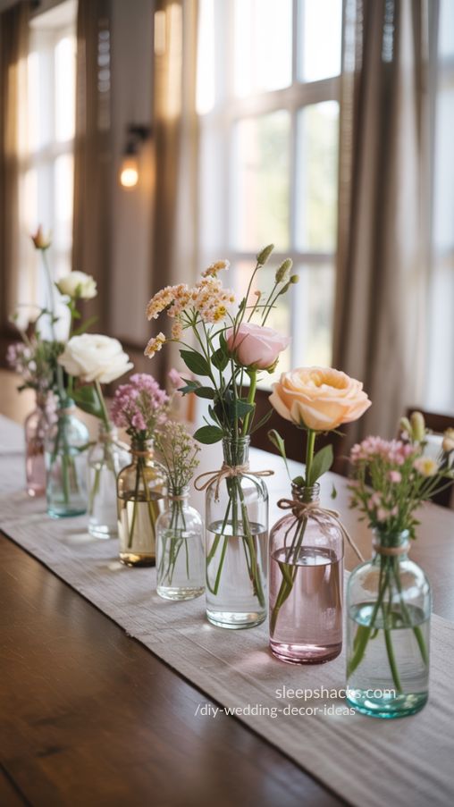 Photorealistic interior photography of a bright farmhouse-inspired dessert table styled for DIY Wedding Decor Ideas, featuring a layered display of mini pies on tiered cake stands, cupcakes under glass cloches, and small cake adorned with fresh seasonal flowers and greenery, vintage jars holding cookies and candies with handwritten labels, soft linen table runner beneath desserts, neutral and blush color palette with subtle greenery accents, warm natural light streaming through windows, gentle shadows creating depth, shallow depth of field, 50mm lens aesthetic, ultra realistic textures on baked goods, glass, and flowers, airy romantic atmosphere, Pinterest editorial styling, vertical composition, high resolution, no people, focus on layered, visually appealing dessert display