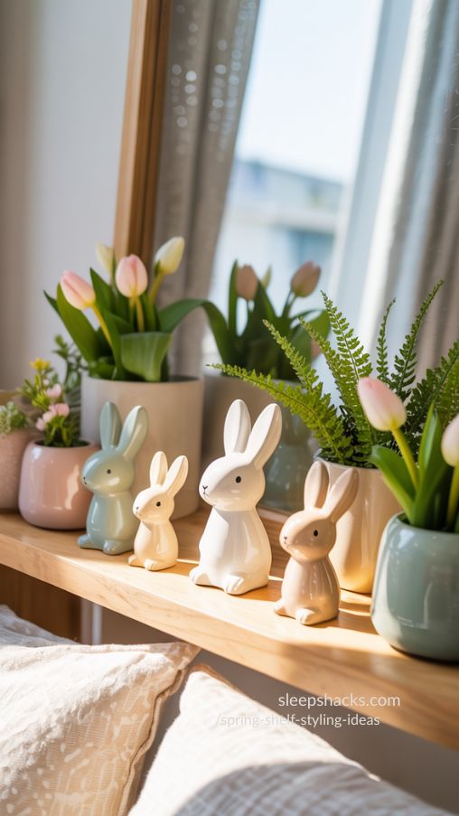 Bunny Figurines with Flower Pots – Whimsical Spring Shelf Styling Idea