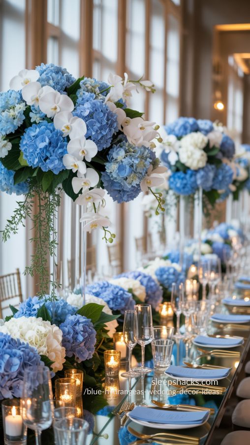 Cascading Blue Hydrangea Wedding Centerpiece Inspiration