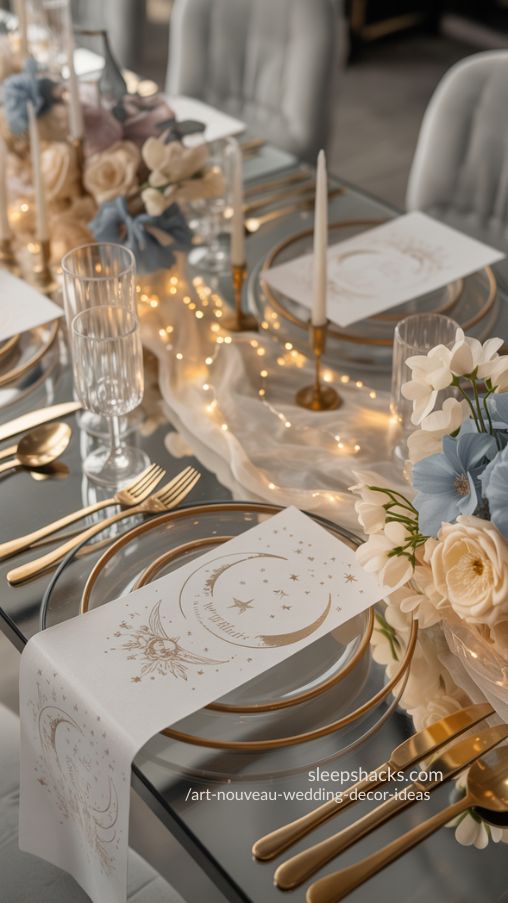 Celestial Art Nouveau Wedding Decor with Starry Lights and Gold Accents