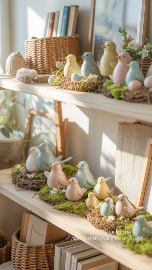 Ceramic Birds in Spring Scenes – Playful Shelf Styling Idea