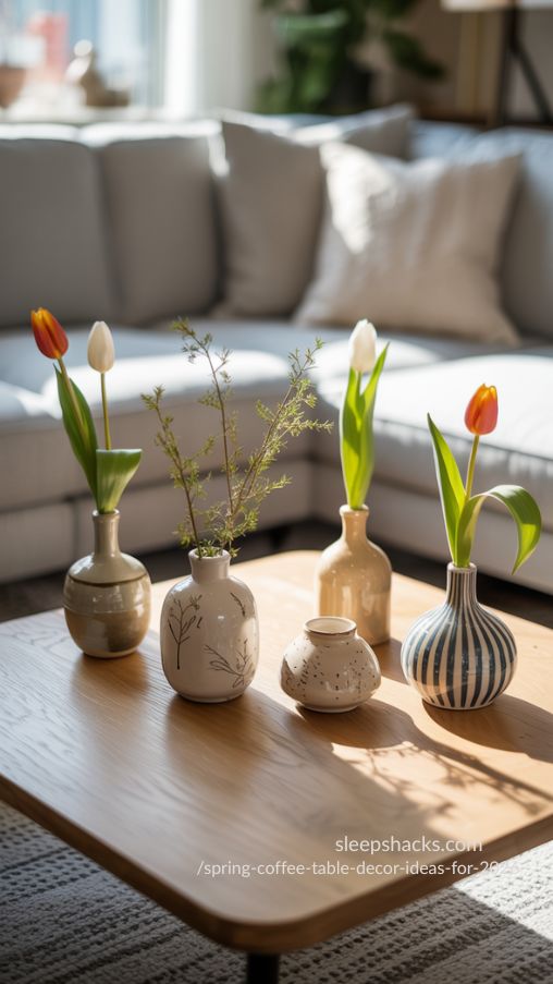Ceramic Vases with Single Stems for Spring Coffee Table