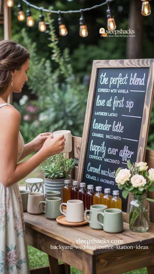Chalkboard Menu Backyard Wedding Coffee Station with Specialty Drinks and Cozy Decor