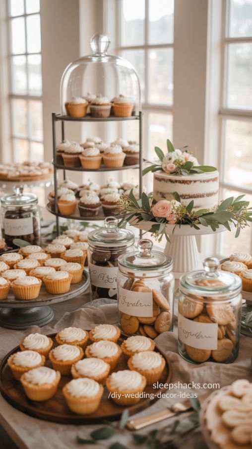 Charming DIY Wedding Dessert Display with Flowers and Layered Heights