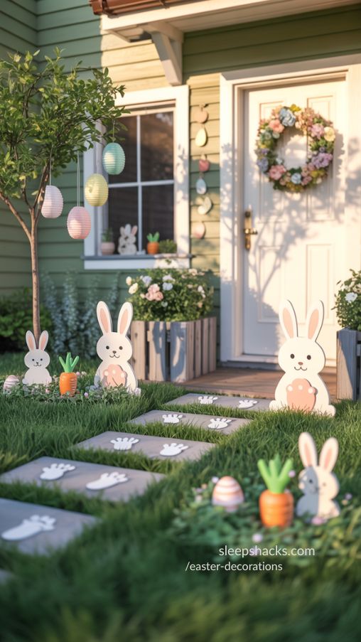 Charming Outdoor Easter Yard Decorations with Wooden Bunnies