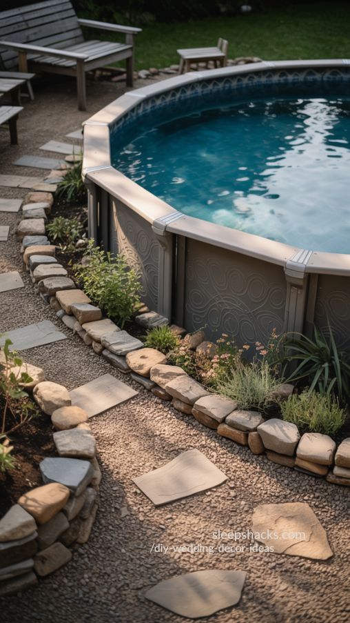 Charming Rustic Above-Ground Pool with Stone and Gravel Surrounds