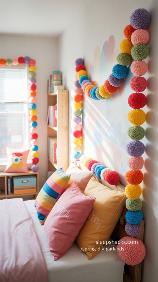 Cheerful Pom-Pom Rainbow Garland for a Cozy Spring Bedroom