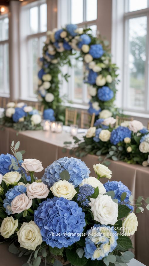 Classic Blue Hydrangea and White Rose Wedding Floral Inspiration