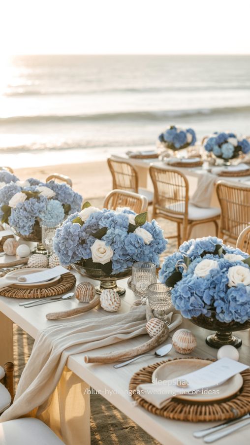 Coastal Blue Hydrangea Wedding Reception Inspiration