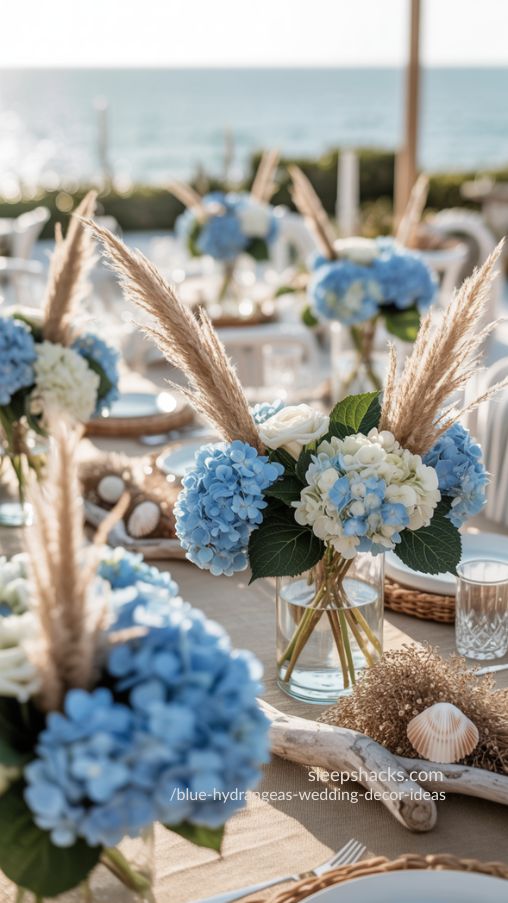 Coastal Blue Hydrangea and Pampas Wedding Centerpiece Inspiration