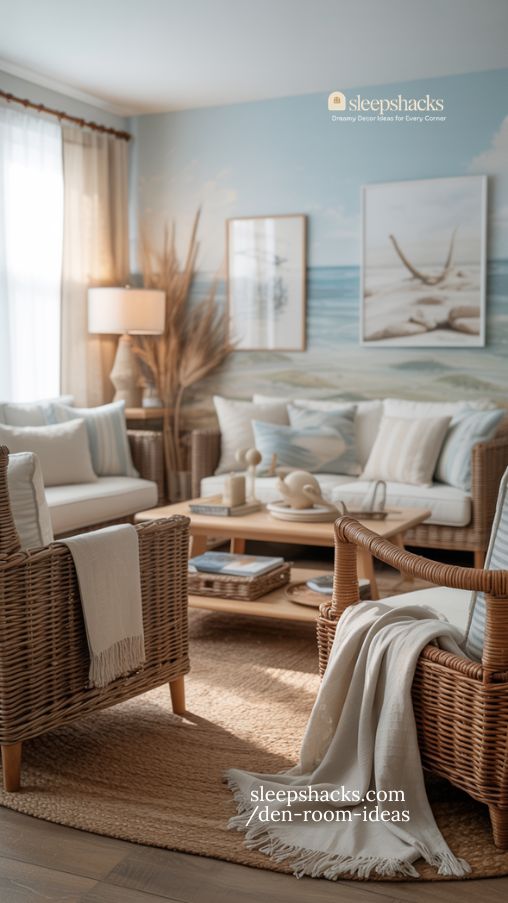 Coastal-Inspired Den with Soft Blues and Natural Textures